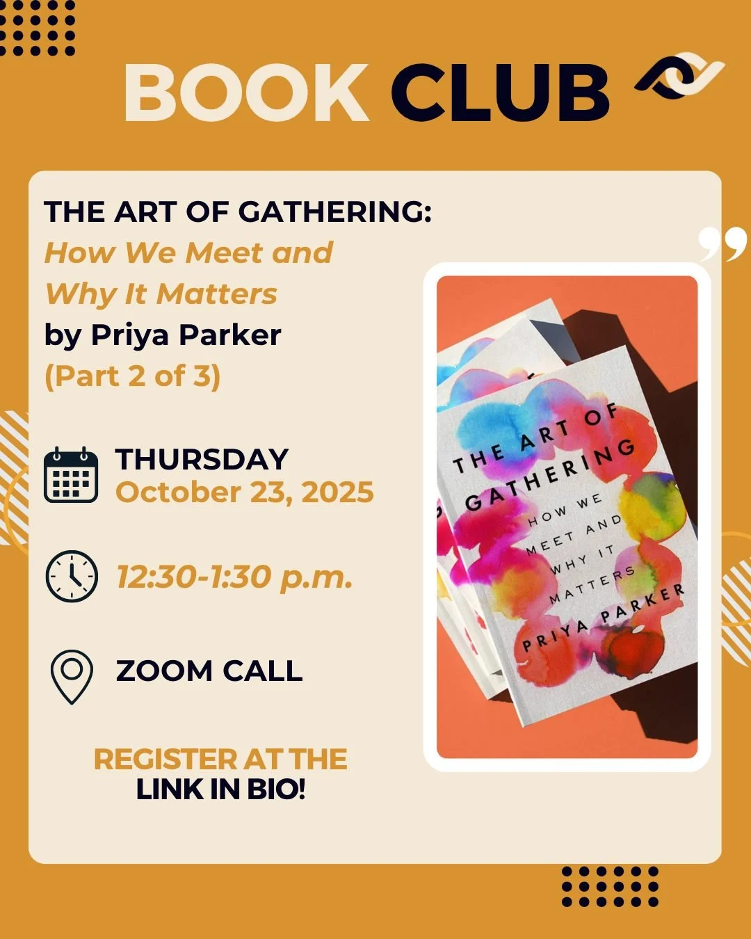 This fall, PWCC's Book Club is reading &ldquo;The Art of Gathering: How We Meet and Why It Matters,&rdquo; by Priya Parker. Join us&mdash;even if you haven't read it yet! 🤓

The Art of Gathering is a transformative guide to creating more meaningful 