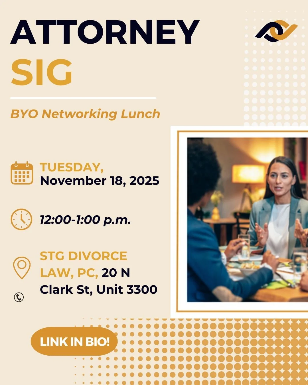 Are you eager to broaden your professional connections within the Chicagoland legal community? 

Add our Attorney SIG's next BYO networking lunch to your calendar and meaningfully grow your network in a welcoming environment! 🙌

🗓️Tuesday, November