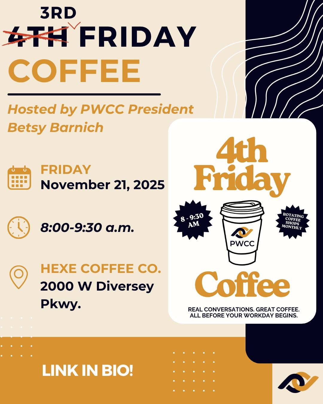 Happy #NationalCappuccinoDay! ☕🤎

If you're a coffee lover like us, then you're invited to the next 4th Friday Coffee meetup (on the 3rd Friday this time)!

Hosted by PWCC President @betsyb1105, enjoy this monthly coffee-fueled event to connect with