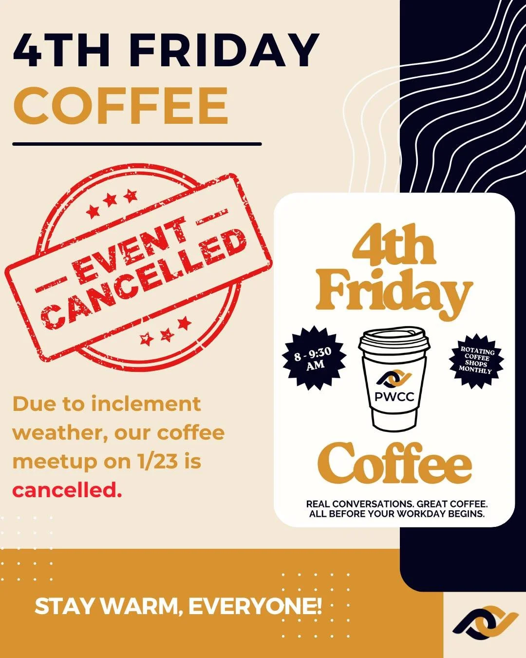 📣 UPDATE:

Due to inclement weather, our 4th Friday Coffee meetup on January 23rd is cancelled.

We'll see all you coffee-lovers next month! ☕🤎