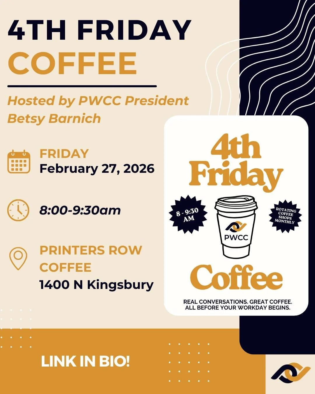 Love coffee? You're invited to the next 4th Friday Coffee meetup! ☕🤎

Hosted by PWCC President @betsyb1105, enjoy this monthly coffee-fueled event to connect with other professionals, support local coffee shops, and learn more about the Professional