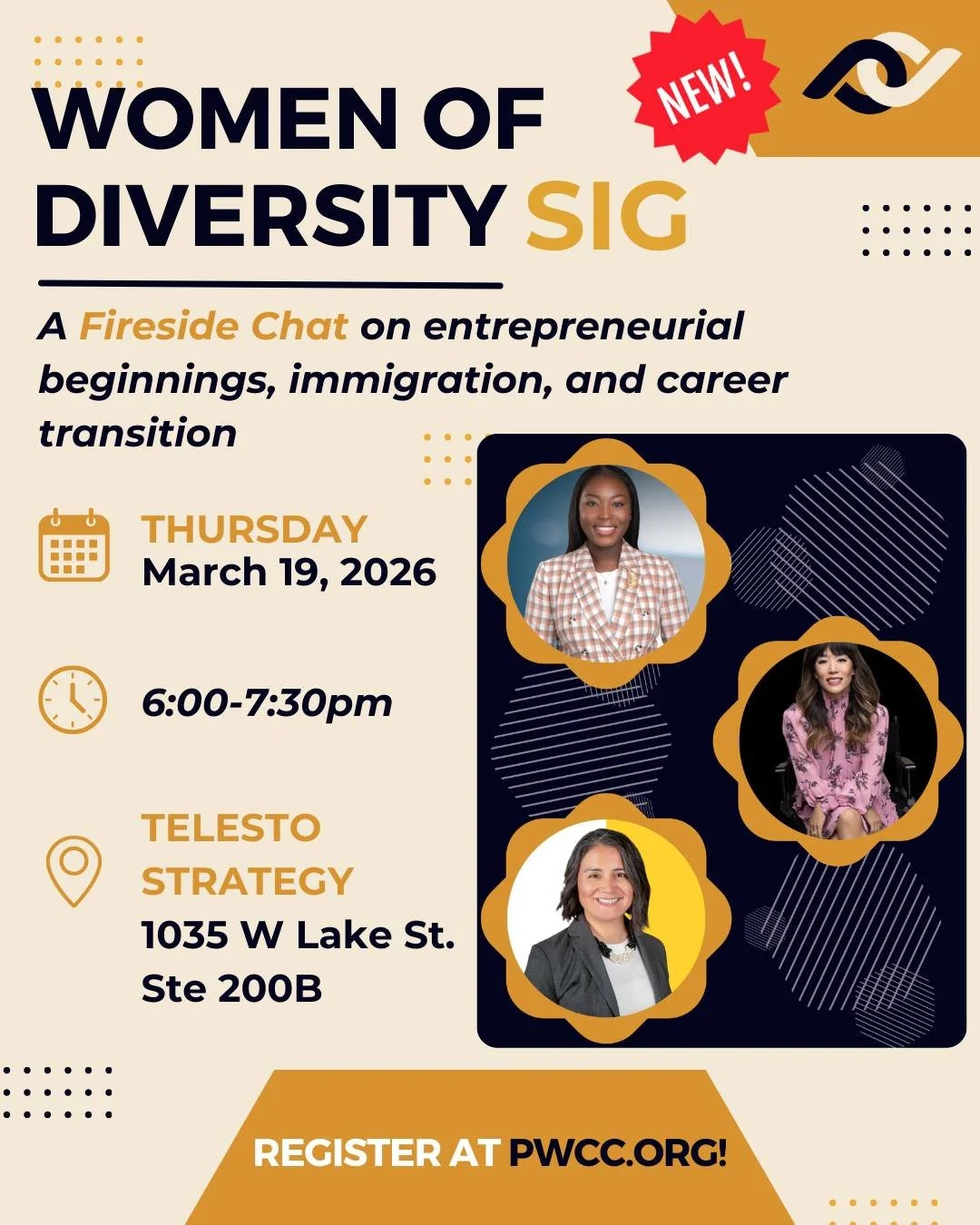 📢 Announcing a new PWCC special interest group: the Women of Diversity SIG! 📢 

Join SIG leads @lawofficeofakenditaamoro and Victoria Montanez, along with Andrea Chang, for a fireside chat on entrepreneurial beginnings. This engaging panel and the 
