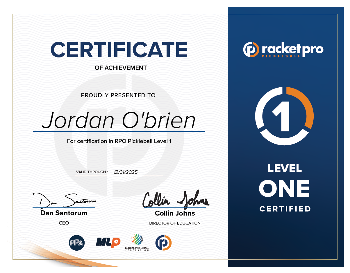 Certificate of achievement awarded to Jordan O'Brien for Level 1 RPO Pickleball certification, valid until December 31, 2025.