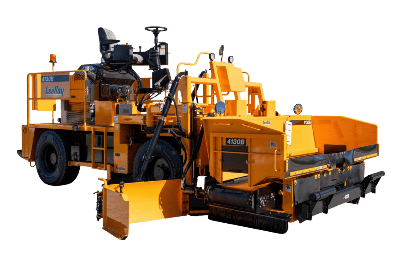 Leeboy Yellow underground road milling machine with the brand Leeboy, model 4130B, featuring a large milling drum at the front and various hydraulic systems and controls