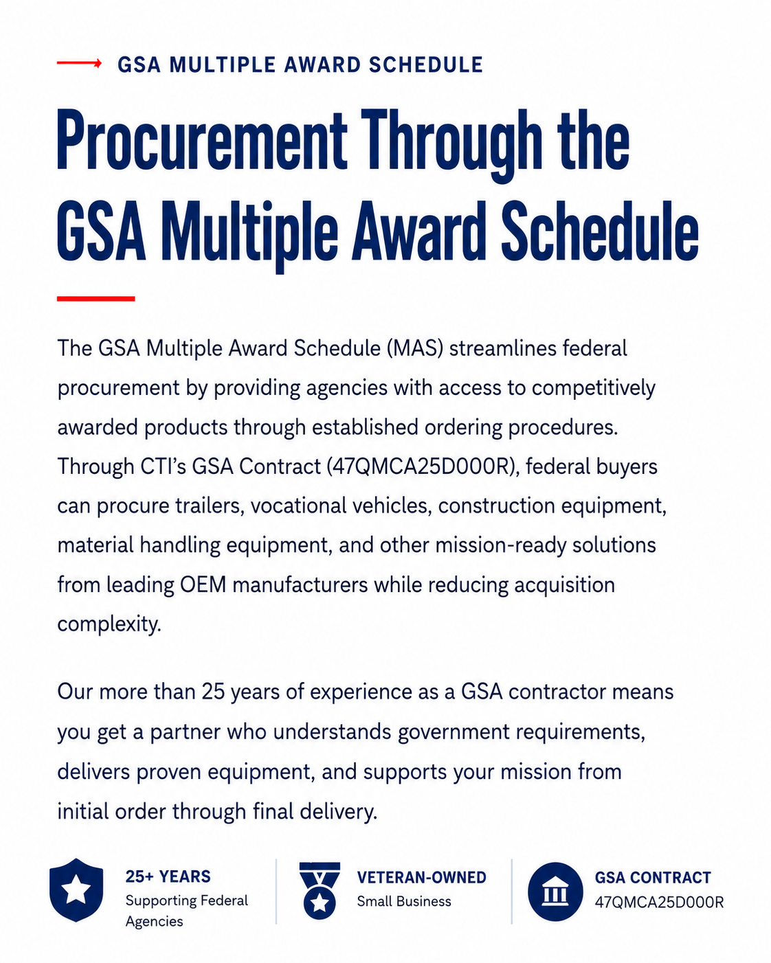 Overview of CTI's GSA Multiple Award Schedule Contract 47QMCA25D000R, Explaining how agencies procure trailers, vocational vehicles, earthmoving equipment, infrastructure equipment, material handling equipment, And mission Specific Training systems.