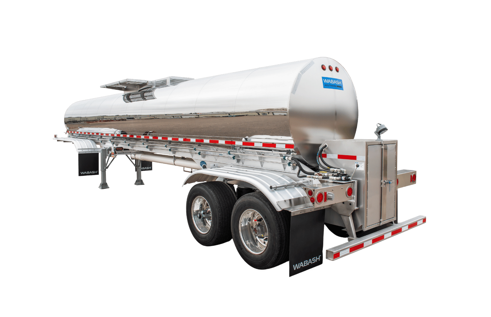 A shiny Wabash stainless steel tanker trailer on a black background, designed for transporting liquids, with two wheels, safety markings, and hoses connected at the rear.