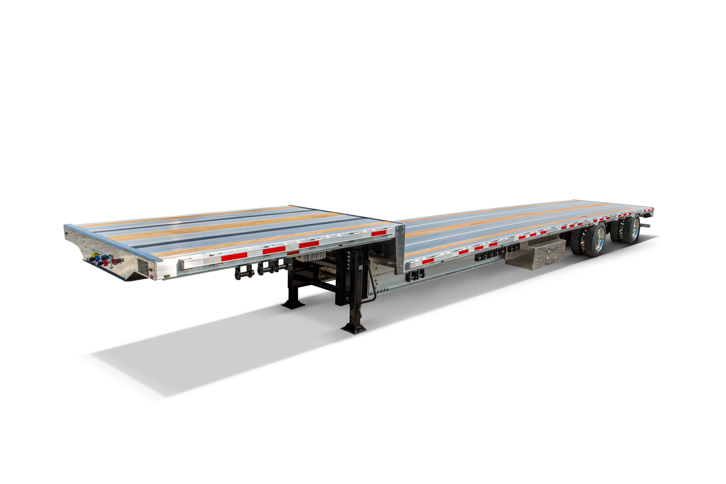 A WABASH flatbed trailer with a metal frame and wooden planks, designed for carrying large or heavy items.