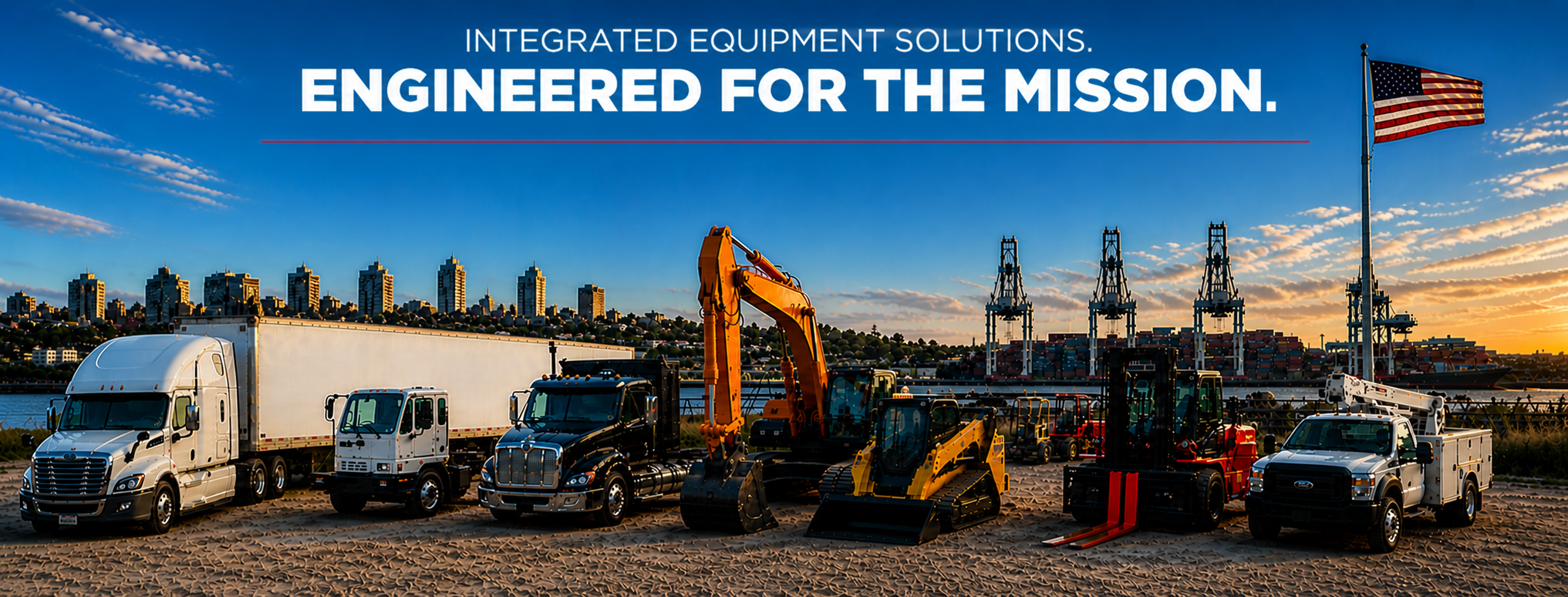 Lineup of heavy equipment vehicles on a sandy surface over the water with city skyline and cranes in the background during sunset, featuring a large American flag.