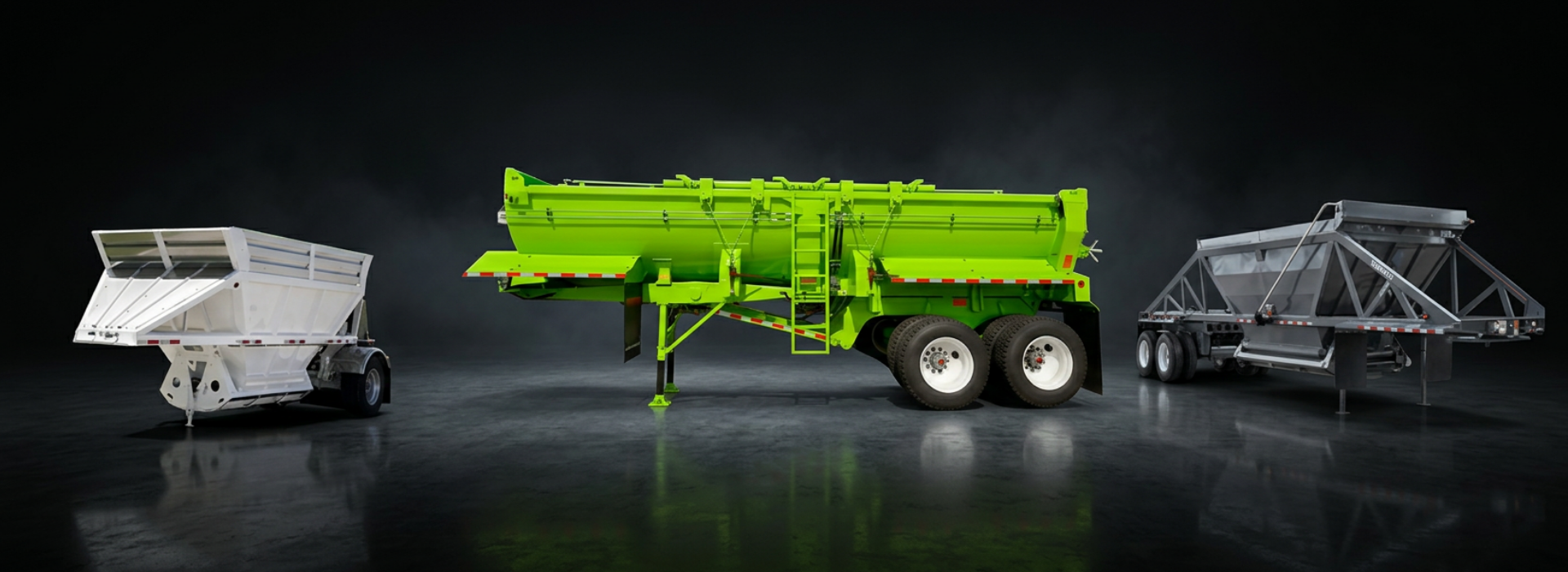 Three different types of trailers, one white, one green, and one gray, are displayed on a dark surface against a black background.