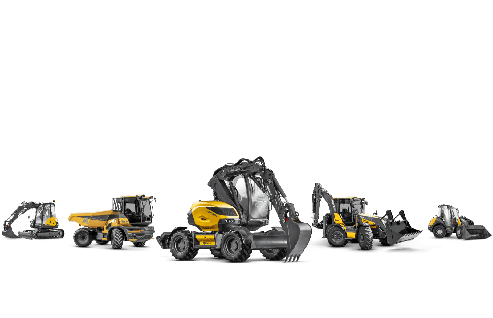 A lineup of six construction vehicles including excavators, loaders, a skid steer, and a backhoe, all painted in yellow and black.