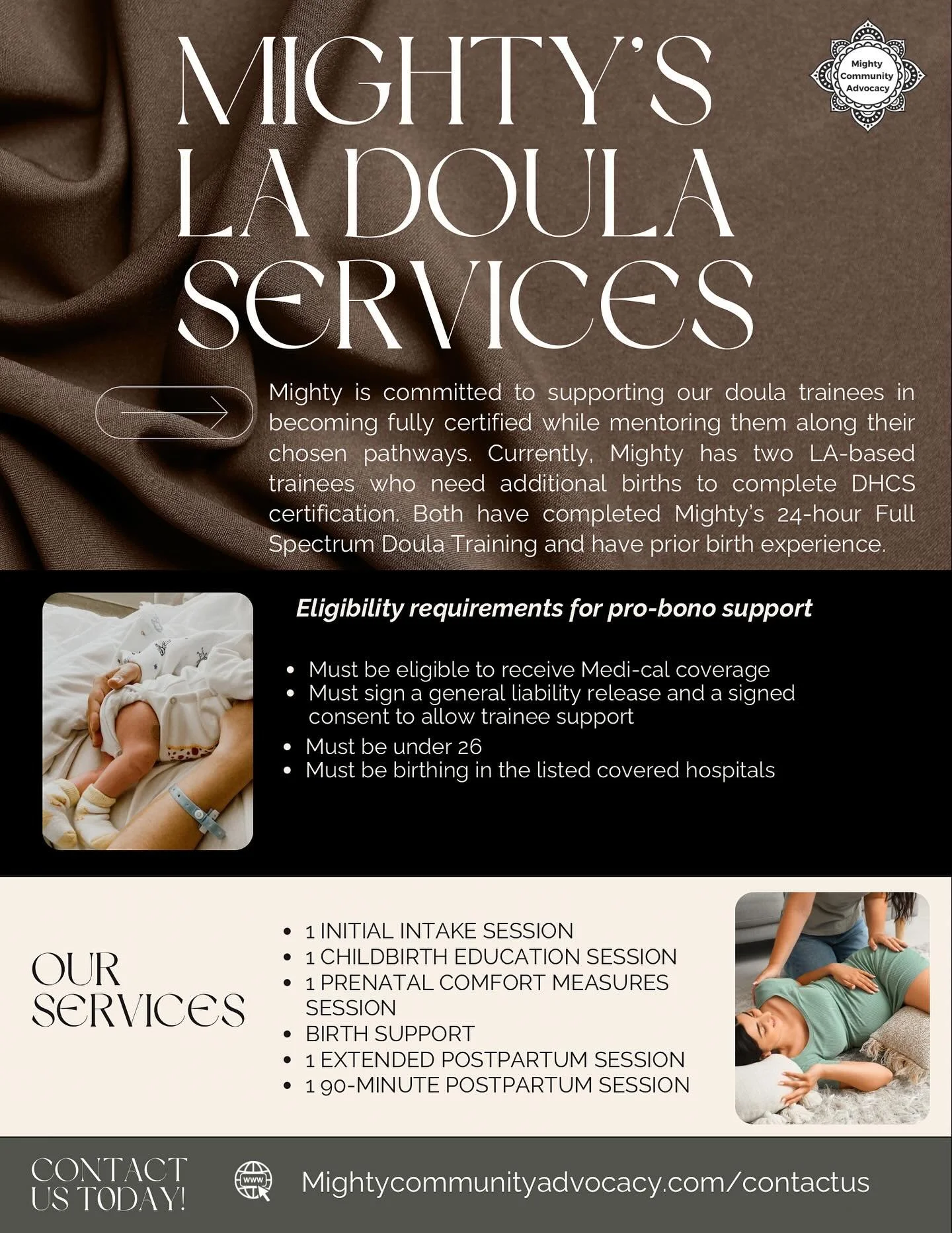 We currently have doula trainees in LA who are in need of doula clients to support their certification. 

If you or a pregnant friend 🤰🏾🤰🏽🫄🏼 are birthing at the listed hospitals (second slide) and want a pro-bono Mighty doula please fill out ou