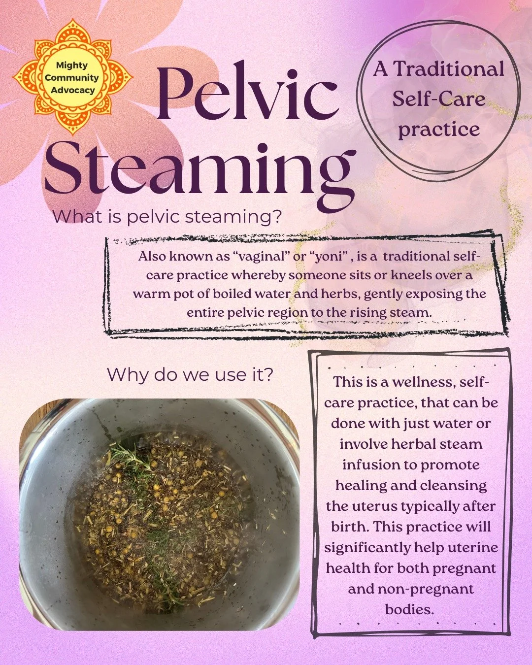 Self care that starts from the root 🌸 Pelvic steaming isn&rsquo;t just relaxation, it&rsquo;s reconnecting with you bodies body&rsquo;s natural rhythm. 
Stop by our headquarters if you are interested in a private steaming room where all supplies are