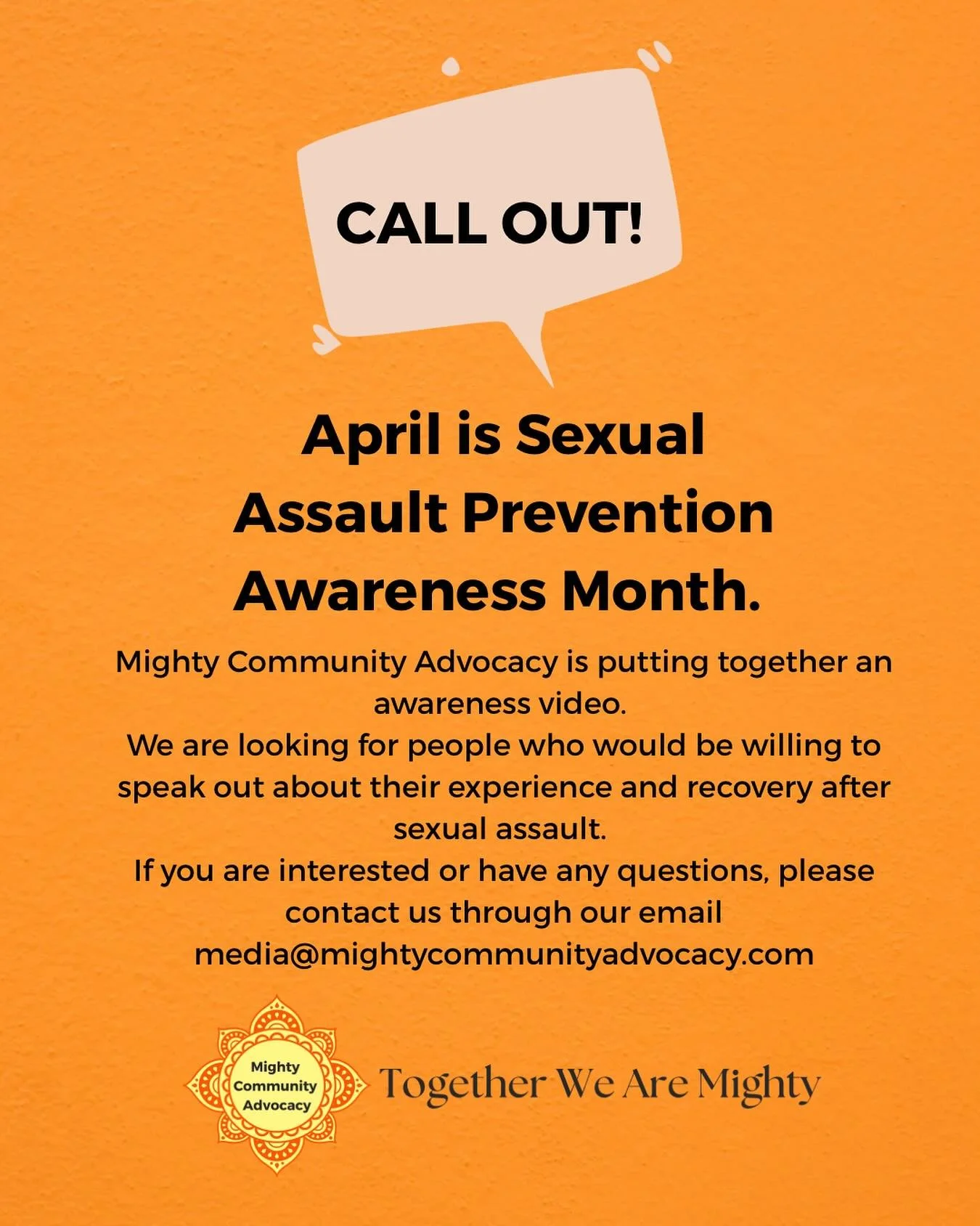 Mighty is a survivor-centered organization with a survivor leading the organization, we know healing from SA is difficult but we know it&rsquo;s possible. 

April is Sexual Assault Awareness Month, we would like to showcase survivor&rsquo;s healing a