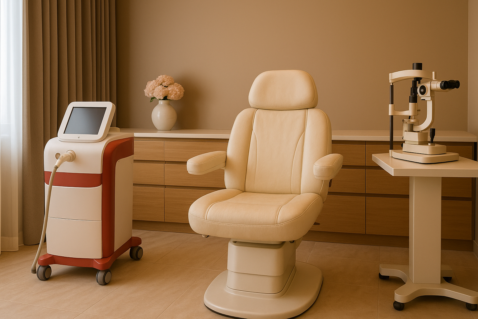 Medical examination room with a beige reclining chair, medical equipment, a monitor, and a microscope, along with a vase of pink flowers on a wooden dresser.