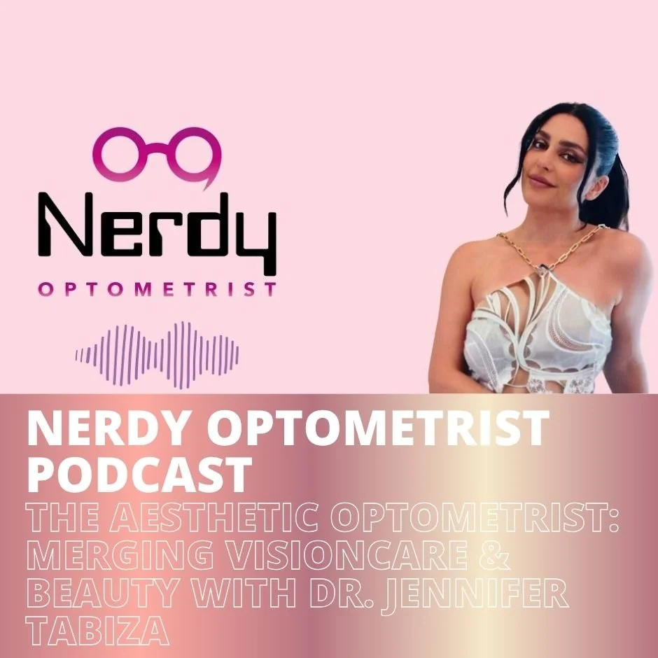 A promotional graphic for the Nerdy Optometrist Podcast featuring a woman with long dark hair wearing a white cut-out top and a gold chain necklace, set against a pink background with the podcast title and topic details.