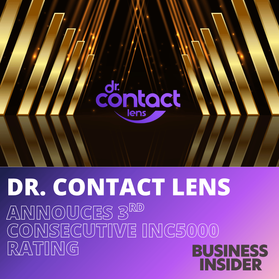 A promotional graphic for Dr. Contact Lens, highlighting the announcement of a third consecutive INC5000 rating, with a black and gold futuristic background and purple text.