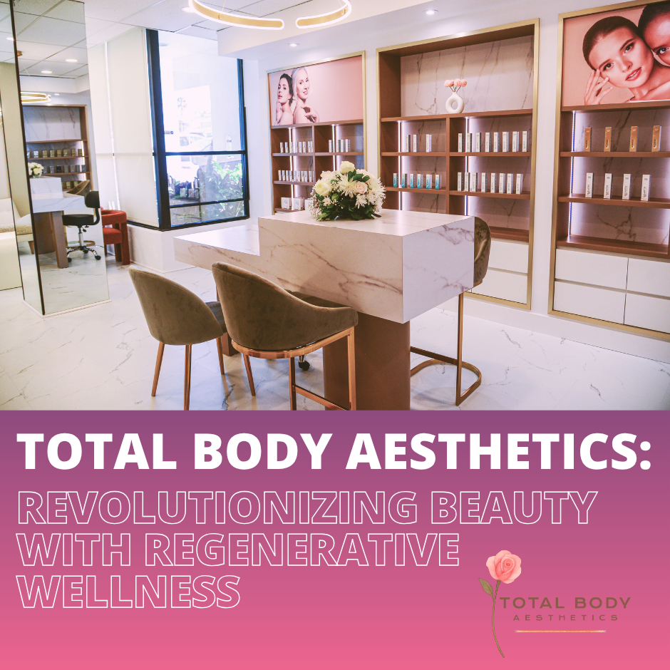 Interior of a modern aesthetic clinic or spa with a reception desk, chairs, and shelves with skincare products on the wall.