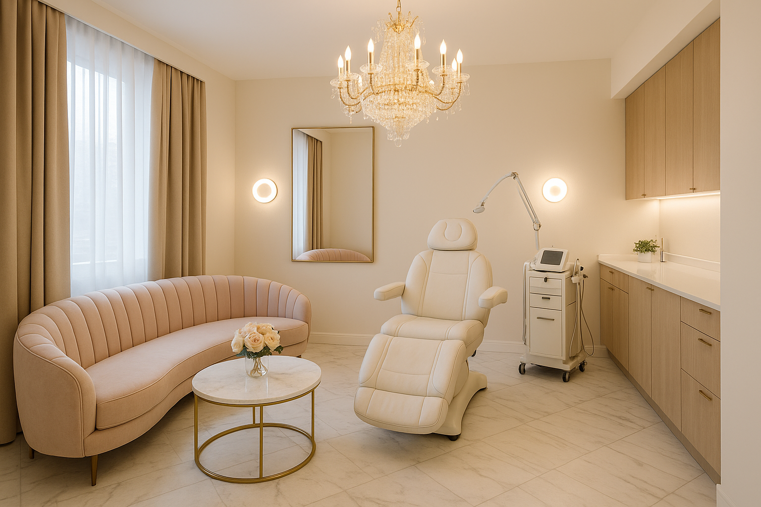 A luxurious medical or cosmetic treatment room with a pink curved sofa, a white reclining chair, a crystal chandelier, a mirror, and medical equipment, all in a bright, elegant space.