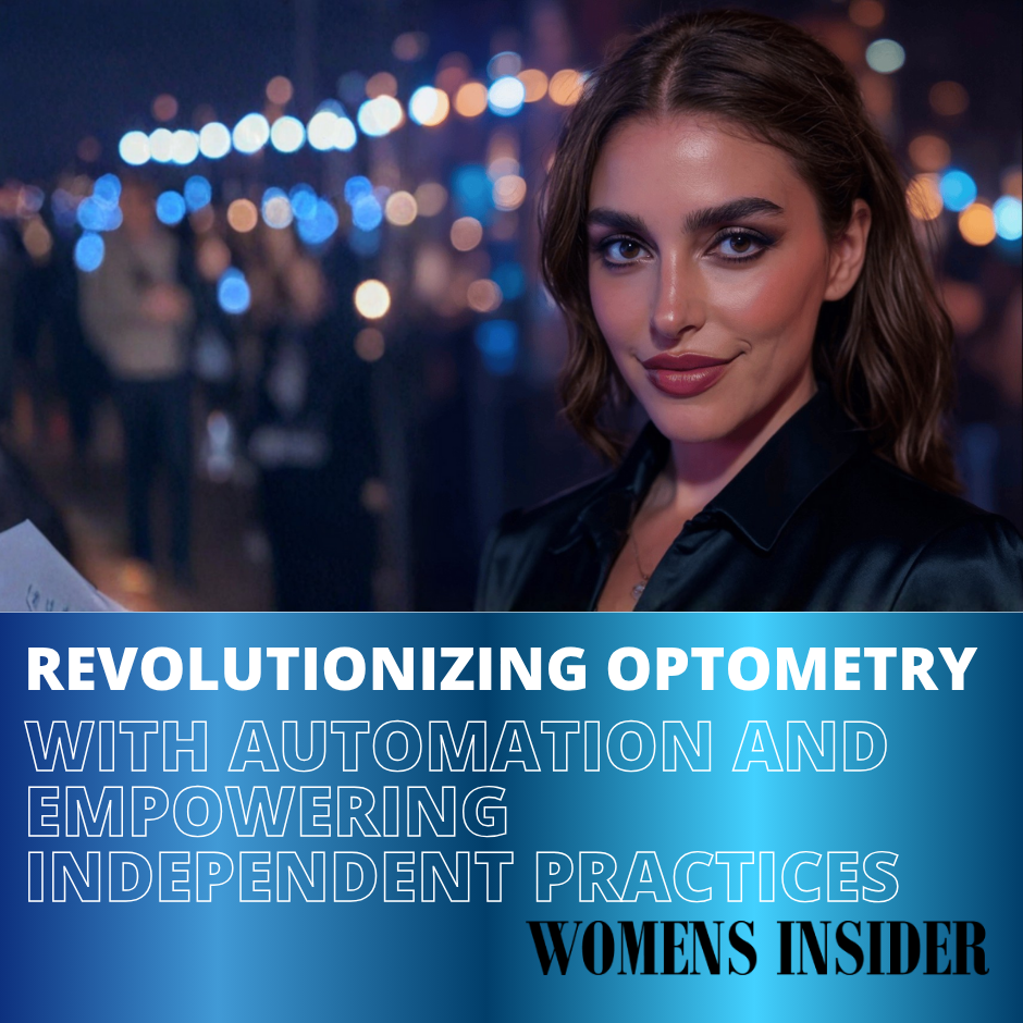 A woman with shoulder-length brown hair and makeup, smiling at the camera, at night with blurred city lights in the background. Overlaid text promotes revolutionary optometry with automation and independent practices, from Women's Insider.