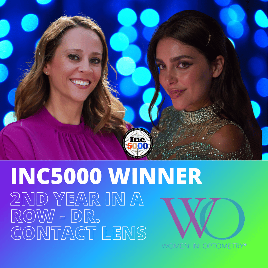 Two women posing for a photo at the INC5000 event. The woman on the left has light brown hair and is wearing a purple dress. The woman on the right has dark brown hair and a sparkly dress. The background features blue bokeh lights. The lower part of the image has text that reads 'INC5000 WINNER, 2ND YEAR IN A ROW - DR. CONTACT LENS' and the logo of Women in Optometry.