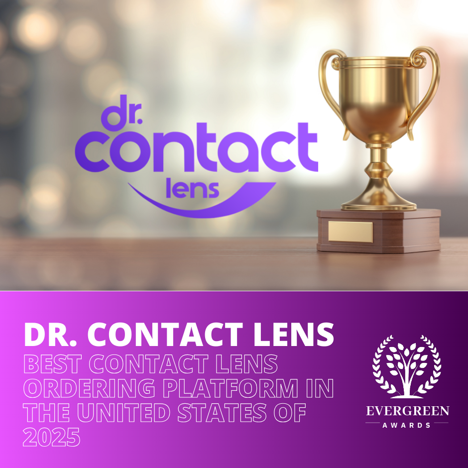 A promotional graphic featuring the Dr. Contact Lens logo, a gold trophy on a wooden base, and a purple banner with white text that reads, 'Dr. Contact Lens, Best Contact Lens Ordering Platform in the United States of 2025,' alongside an Evergreen Awards logo.