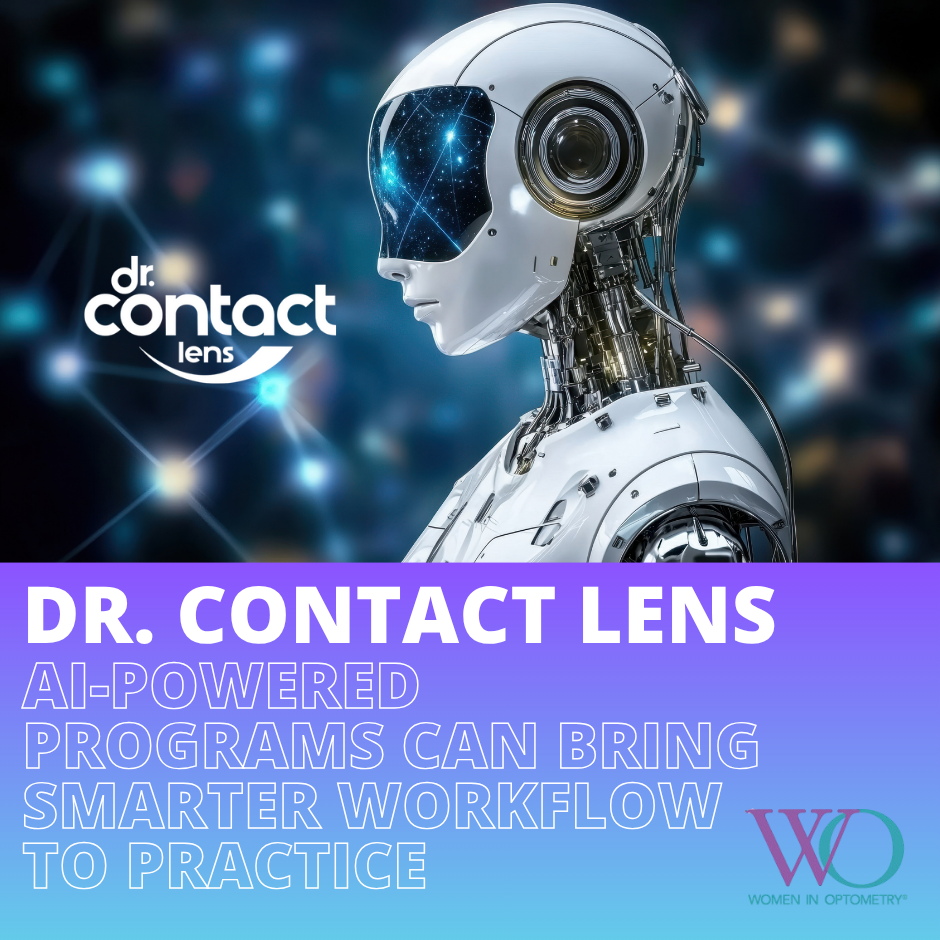 Robot with a futuristic eye and a background of glowing network connections, promoting Dr. Contact Lens AI-powered programs for optometry workflow.