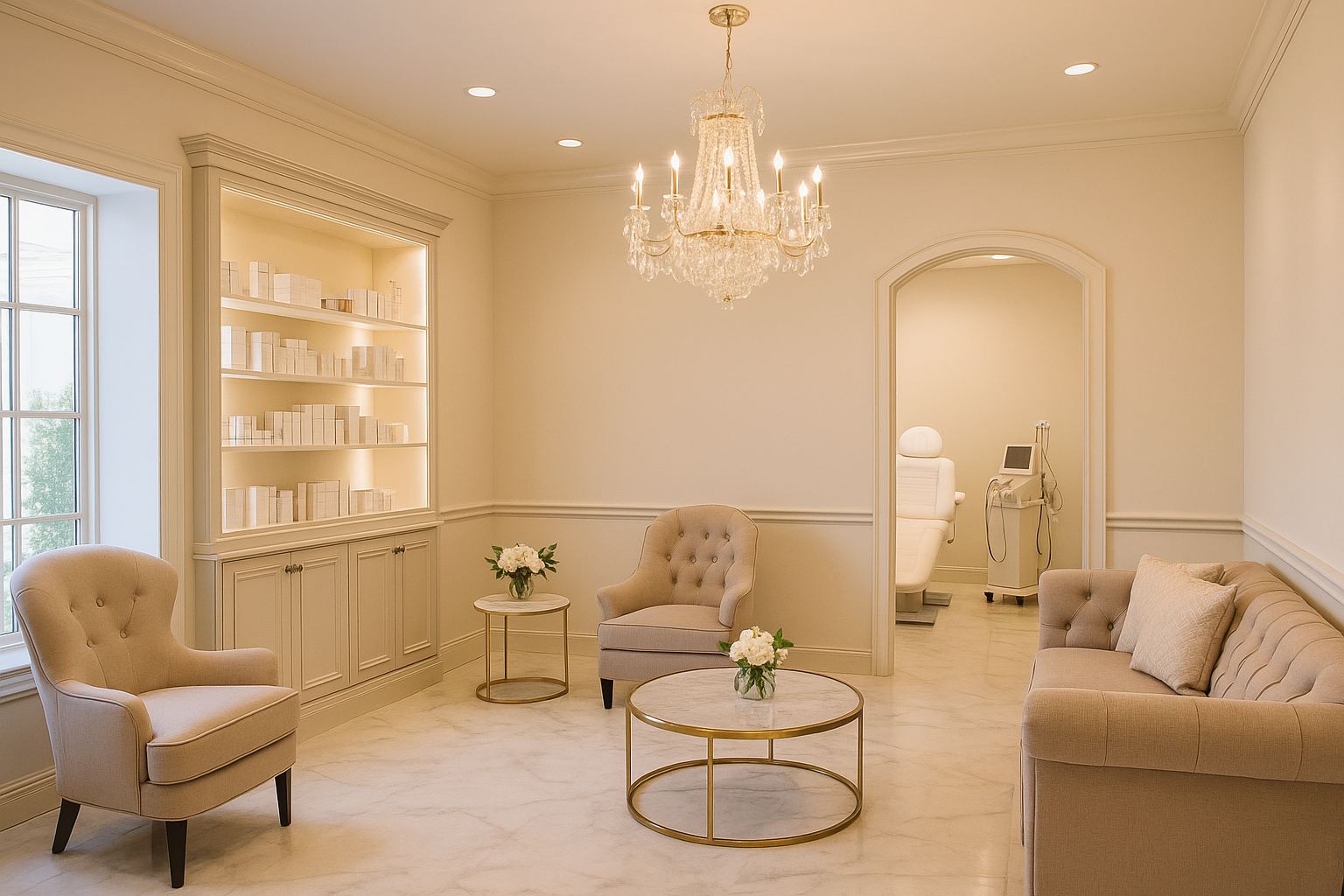 Elegant waiting room with beige armchairs and a sofa, marble flooring, a crystal chandelier, built-in shelves, and medical equipment in a back room.