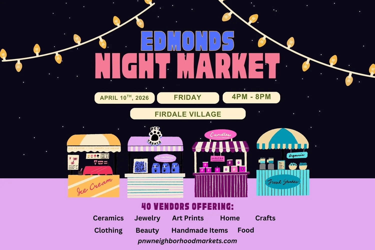 Flyer for Edmond's April 2026 Night Market being held on Friday, April 10