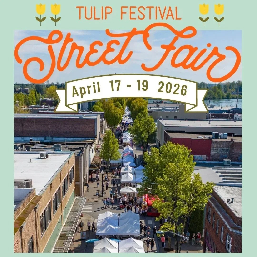 Flyer for Mount Vernon's Annual Tulip Festival Street Fair running April 17 through 19.