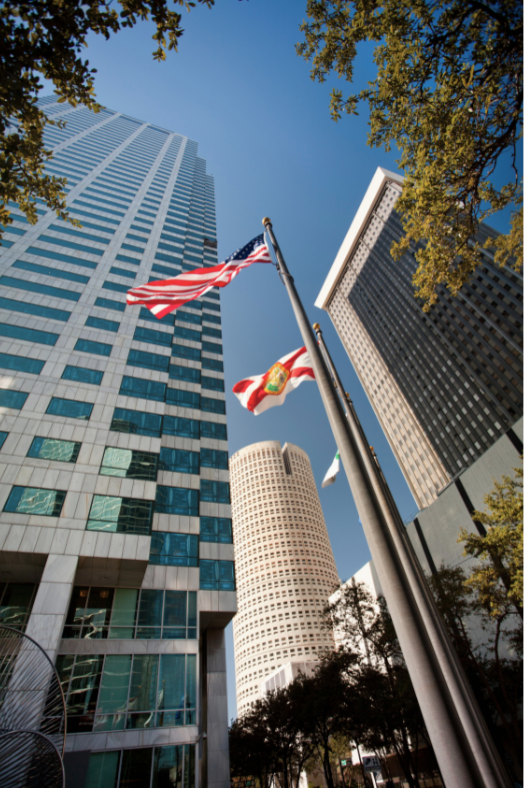 BOA Plaza with U.S. and Florida Flags