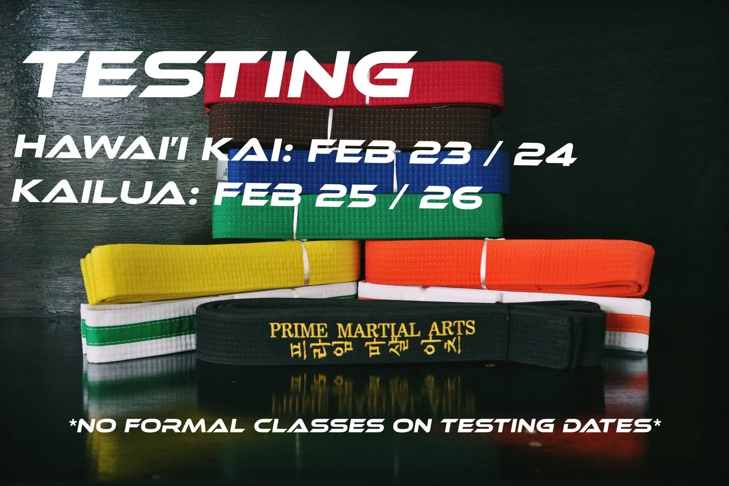AIYA!! PRIME Ohana 
Belt Testing Week is here.
Hawai&lsquo;i Kai steps up Feb 23&ndash;24.
Kailua follows Feb 25&ndash;26.
New goals. New focus. New belts earned through hard work.