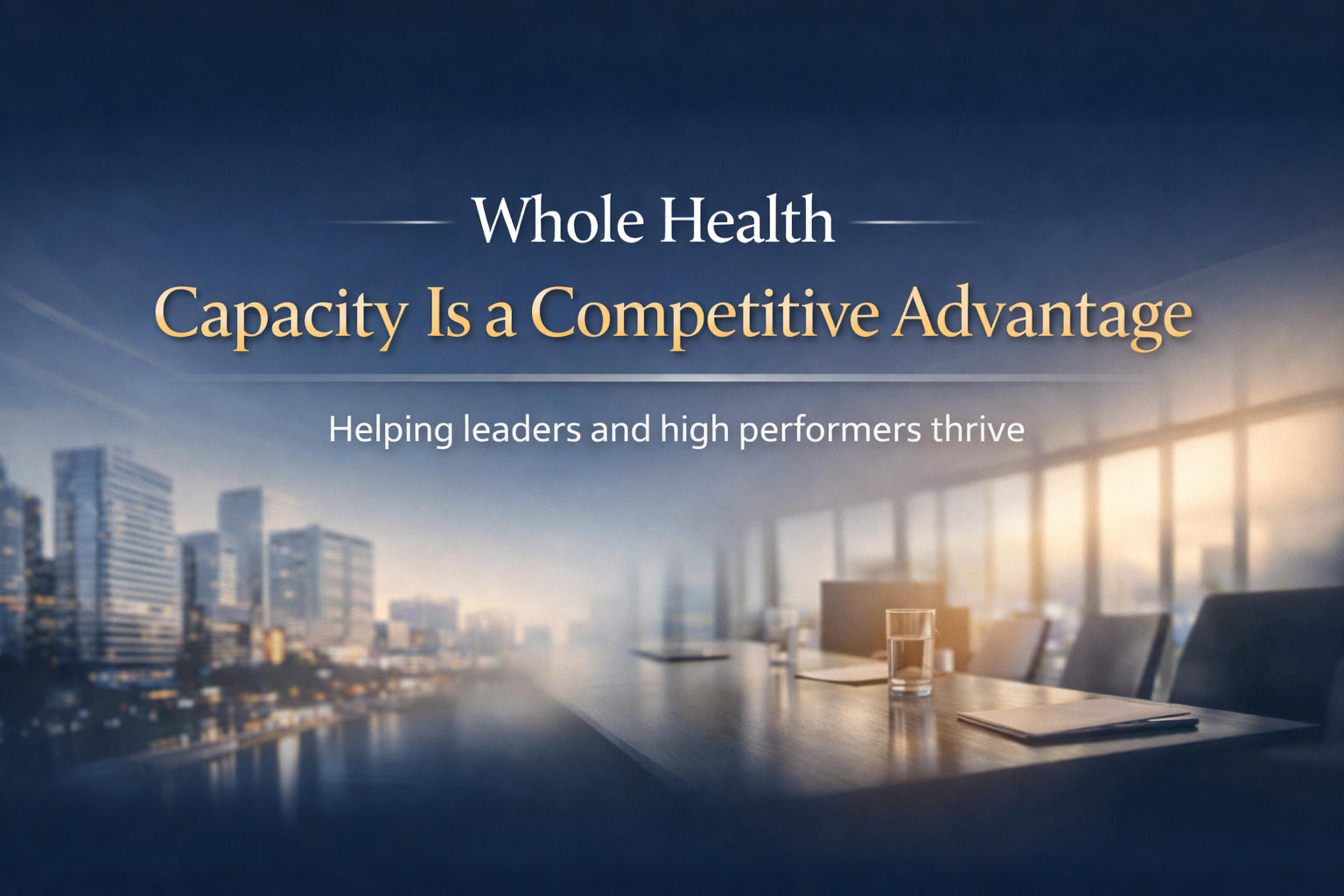 Business conference room with city skyline view, books, glasses of water, and notes on the table