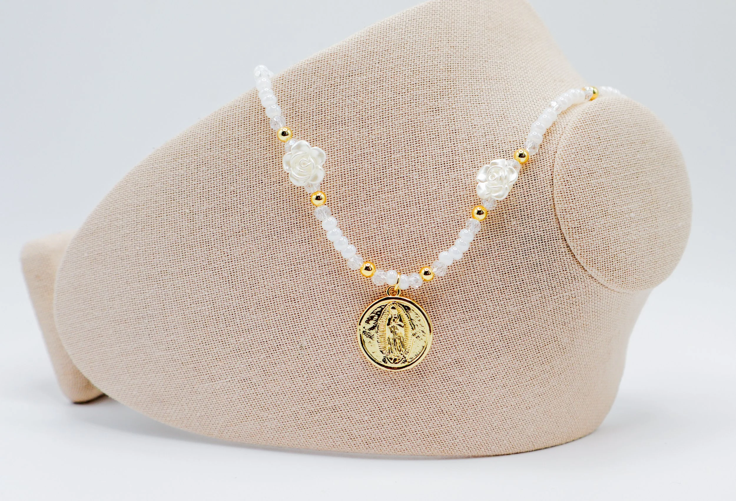 Virgen de Guadalupe White Roses Necklace