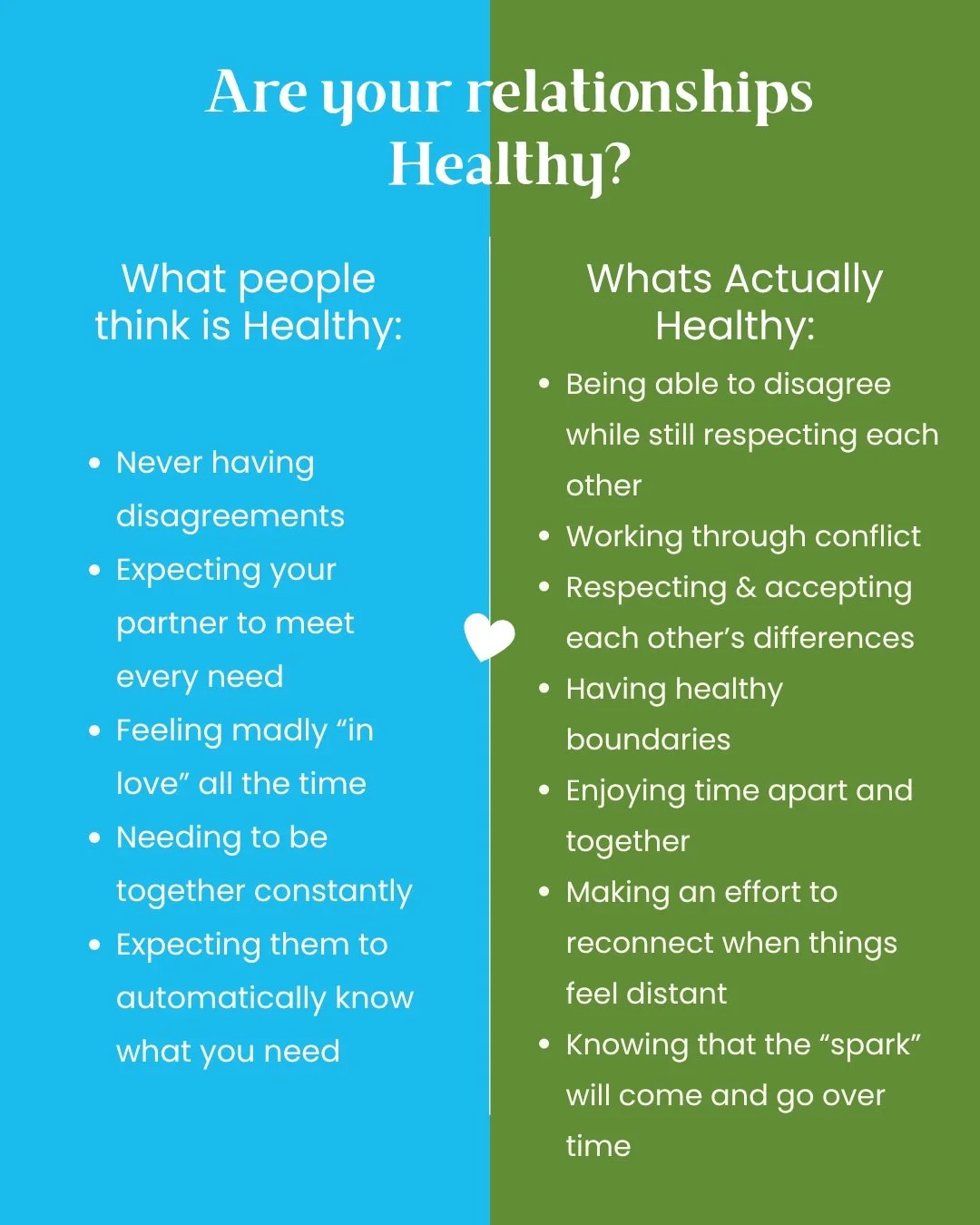 Healthy love isn&rsquo;t perfect love. 
It&rsquo;s not about never arguing, always feeling connected, or expecting one person to meet every need you have. 

Real relationships have seasons.🌤️

There will be times you feel incredibly close and times 