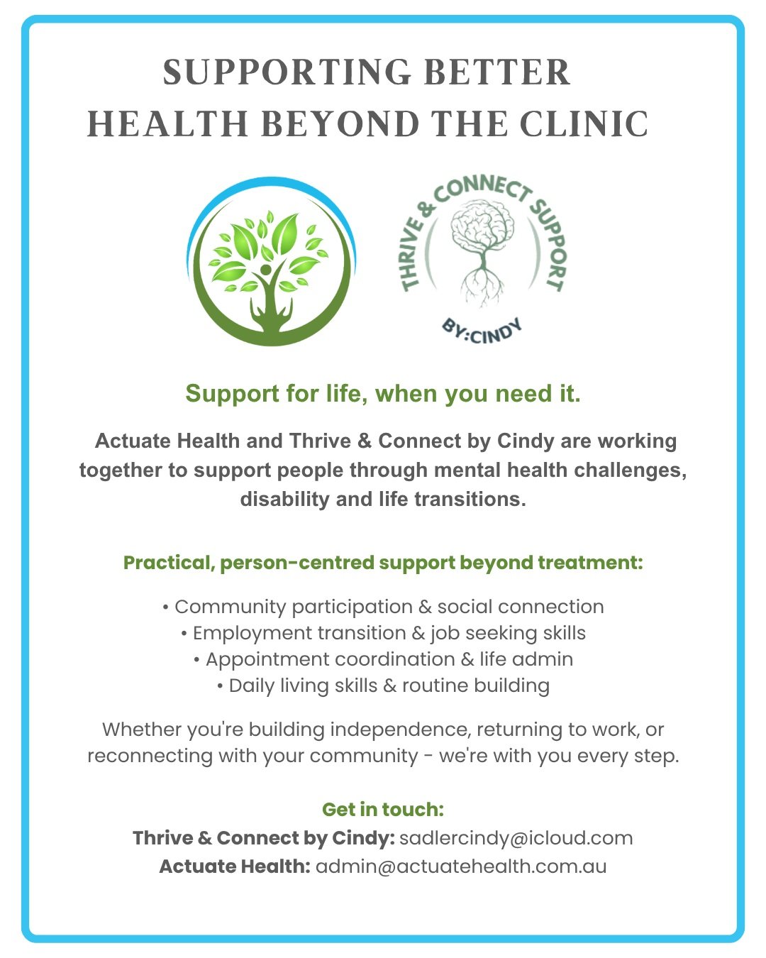 We&rsquo;re excited to share a new partnership between @actuate.health.redlandbay and @thriveandconnectsupportbycindy , coming together to provide even more support to our local community. 

Through this partnership, Cindy will be available by appoin