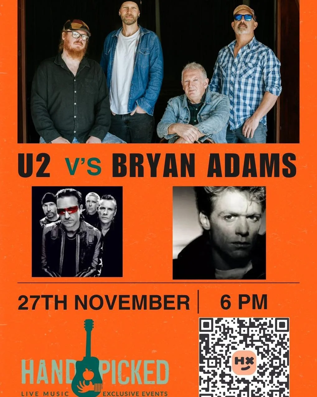 🔥 U2 vs Bryan Adams &ndash; Thursday 27 November 🔥

Get ready for another epic night of live music as the Handpicked Band bring you two of rock&rsquo;s greatest icons. Going head-to-head on Thursday 27 November, expect anthems, singalongs, and plen
