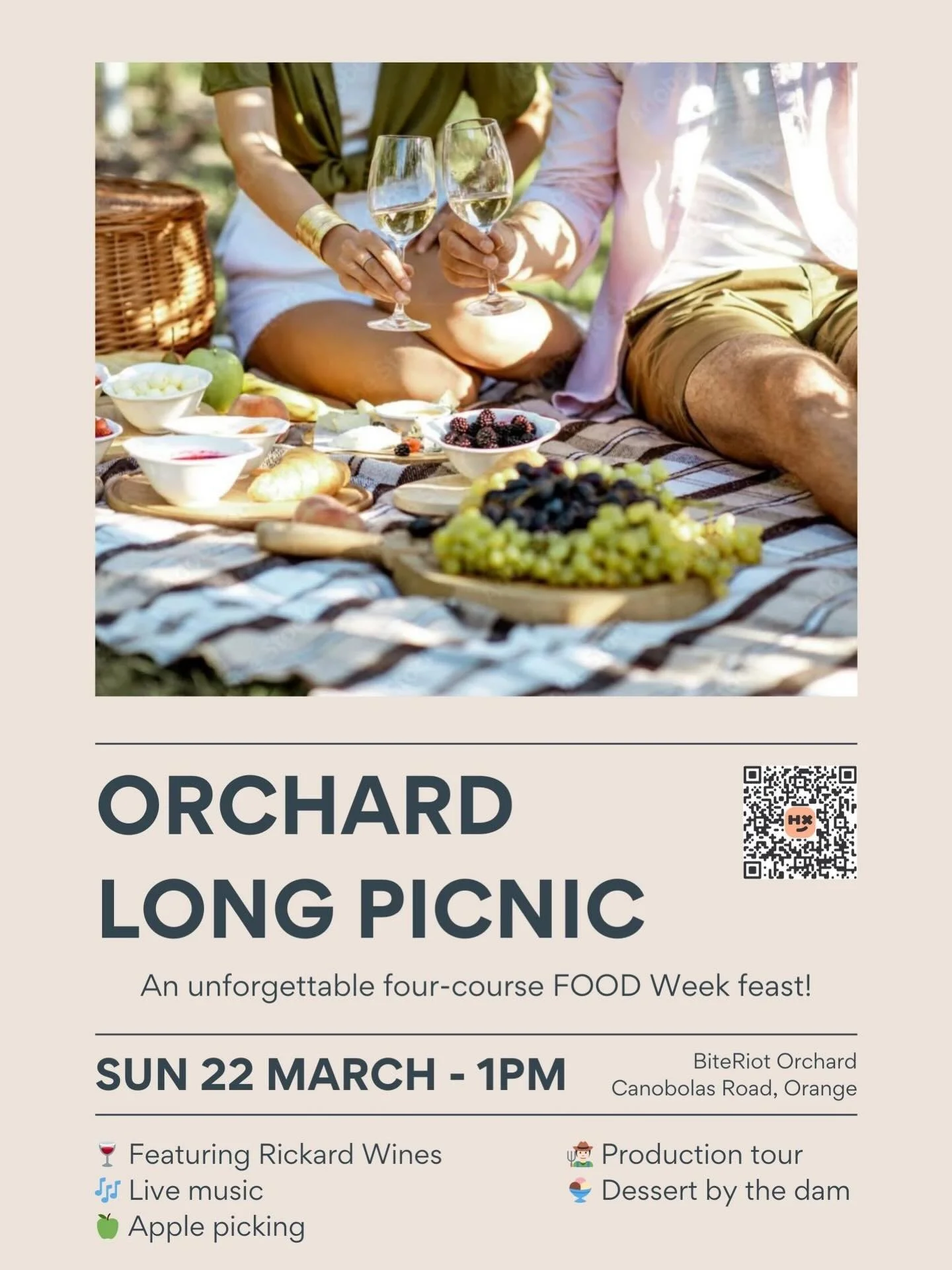 We&rsquo;re thrilled to be launching our four-course FOOD Week Orchard Long Picnic. Set among the orchard you&rsquo;ll enjoy RIKARD Wines sparkling on arrival, a gourmet long picnic by local chef Mick Apps, live music by local legends Kyle Manning &a