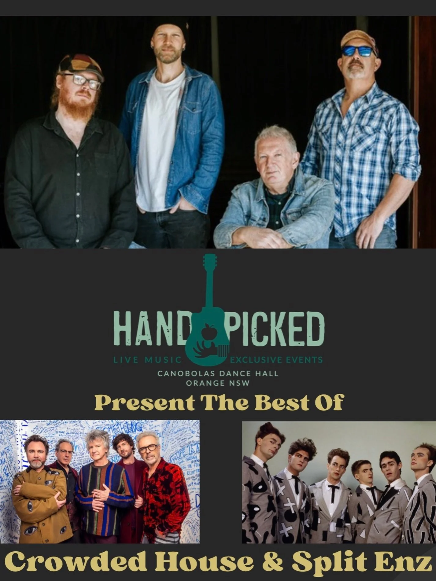 Get ready for a night celebrating two of Australasia&rsquo;s most iconic bands as @handpicked_band brings together the unforgettable songs of Crowded House and Split Enz. June 25th. Tickets www.humanitix.com.au