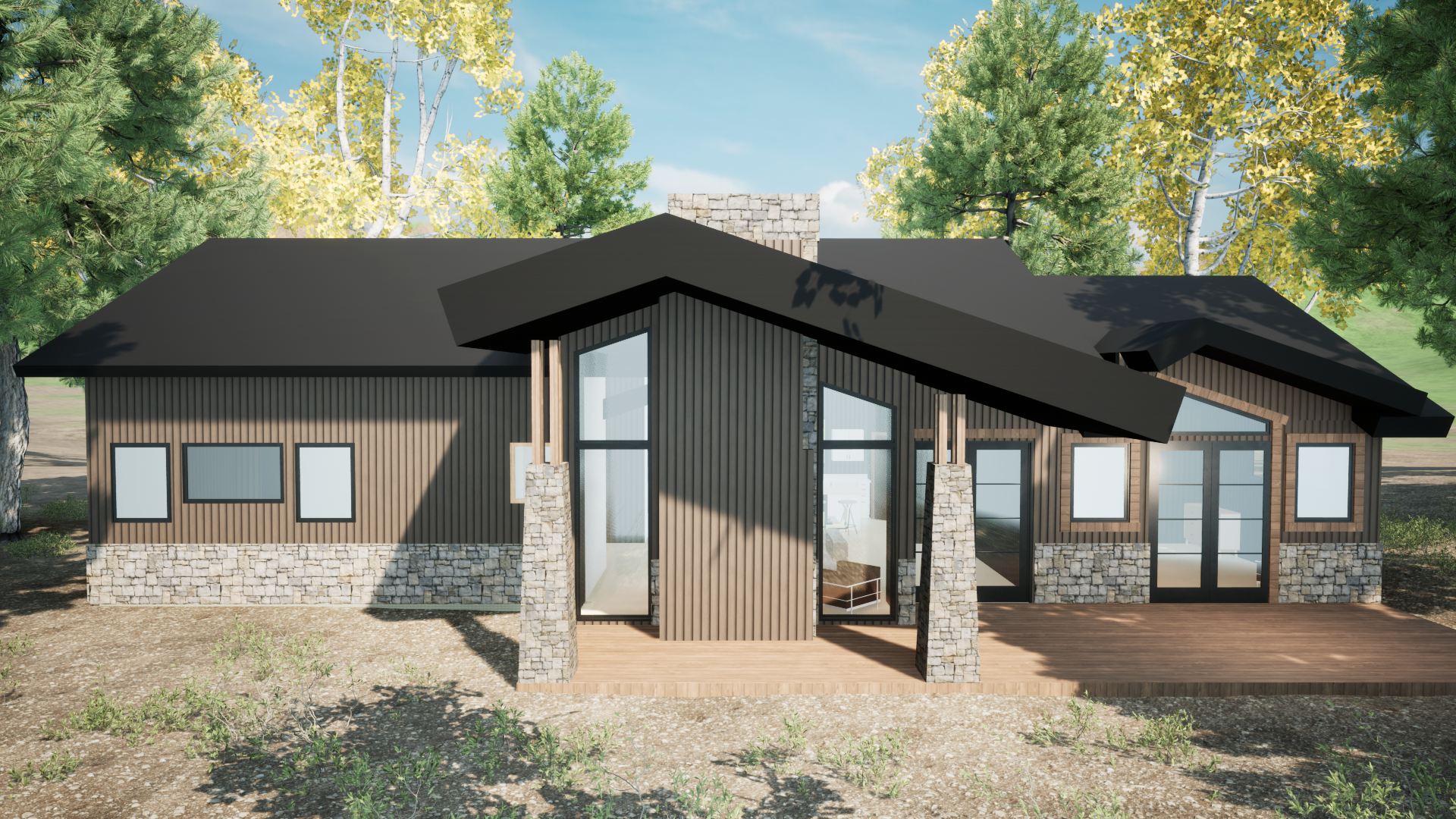 Modern single-story house with stone and wood exterior in a wooded setting.