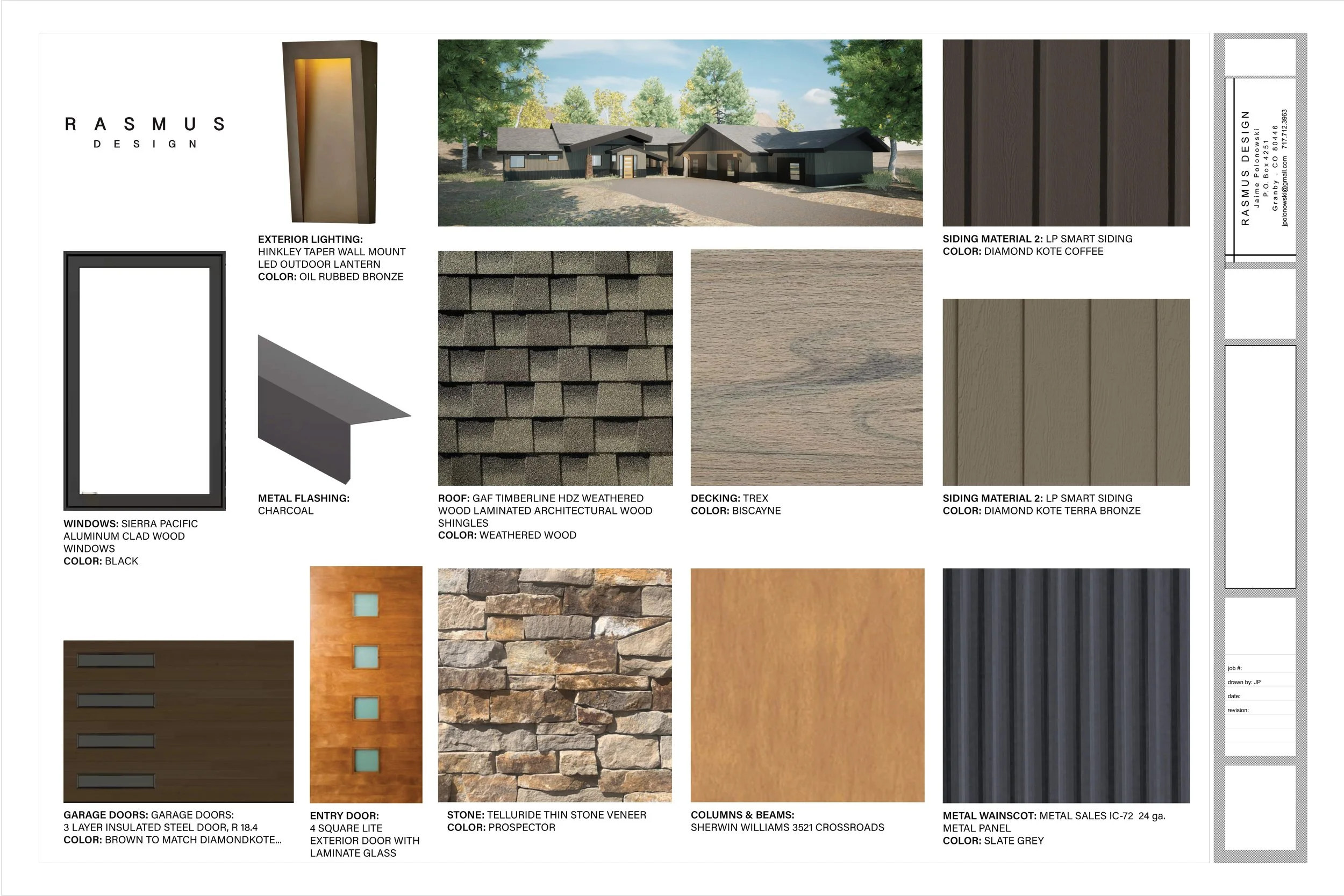 Residential design board with materials and color specifications, including exterior lighting, siding, roof, decking, windows, doors, stone, columns, beams, and metal panel details.