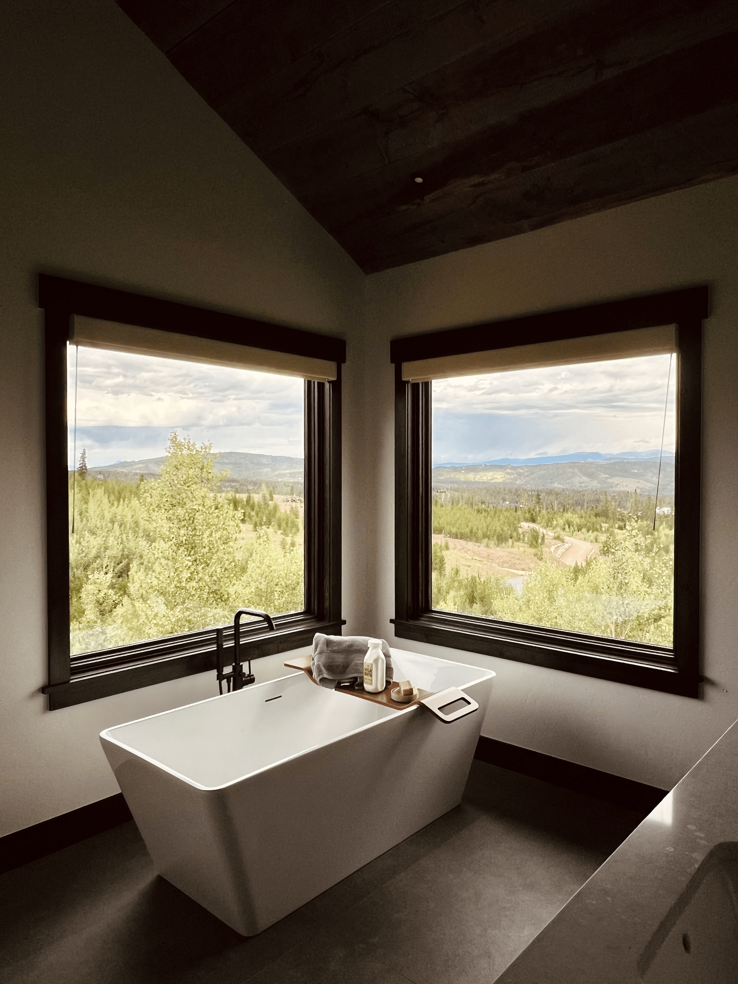 Modern bathroom with freestanding bathtub and large windows overlooking a scenic mountain landscape.