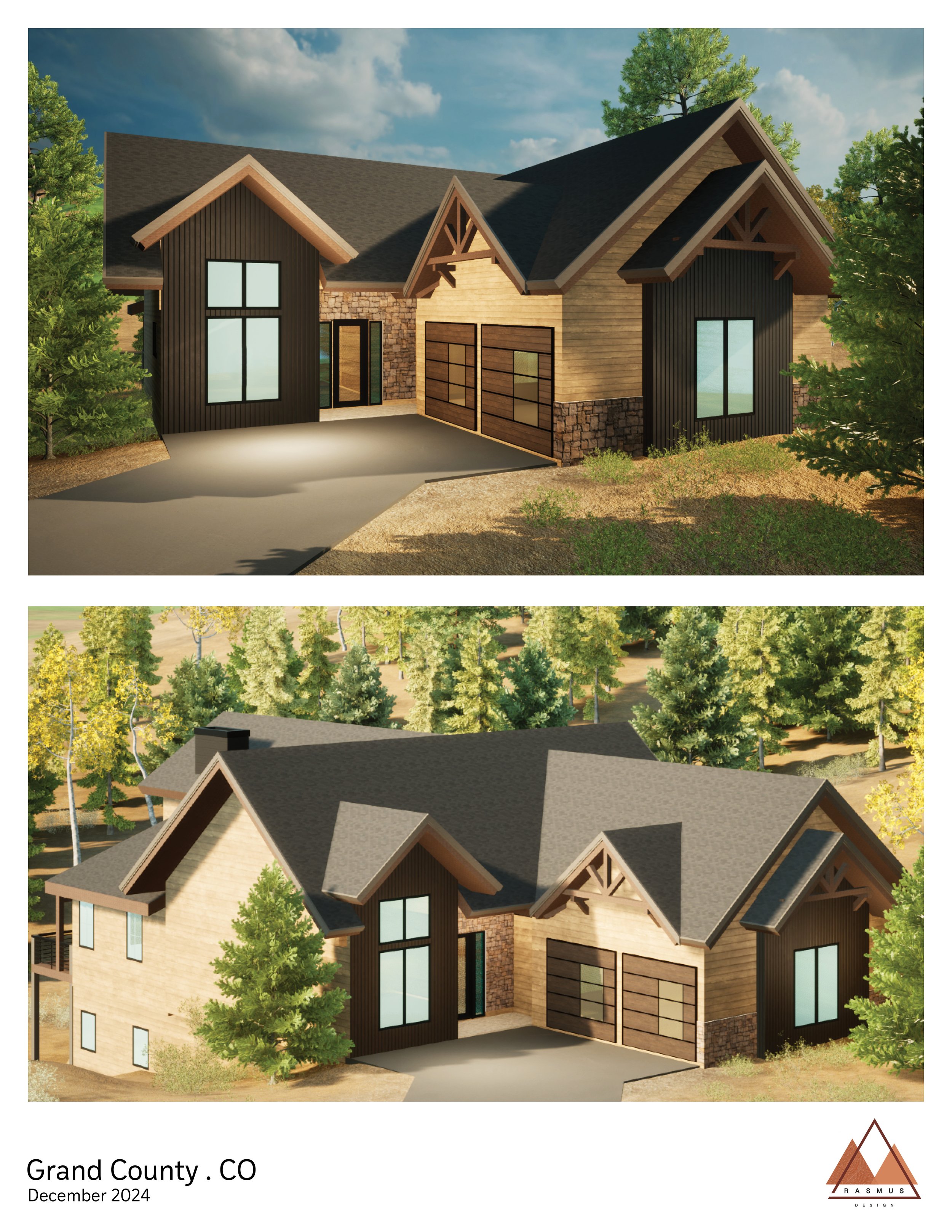 Architectural rendering of a mountain modern house with a sloped roof, wooden siding, stone accents, and large windows, set in a forested area during daylight.