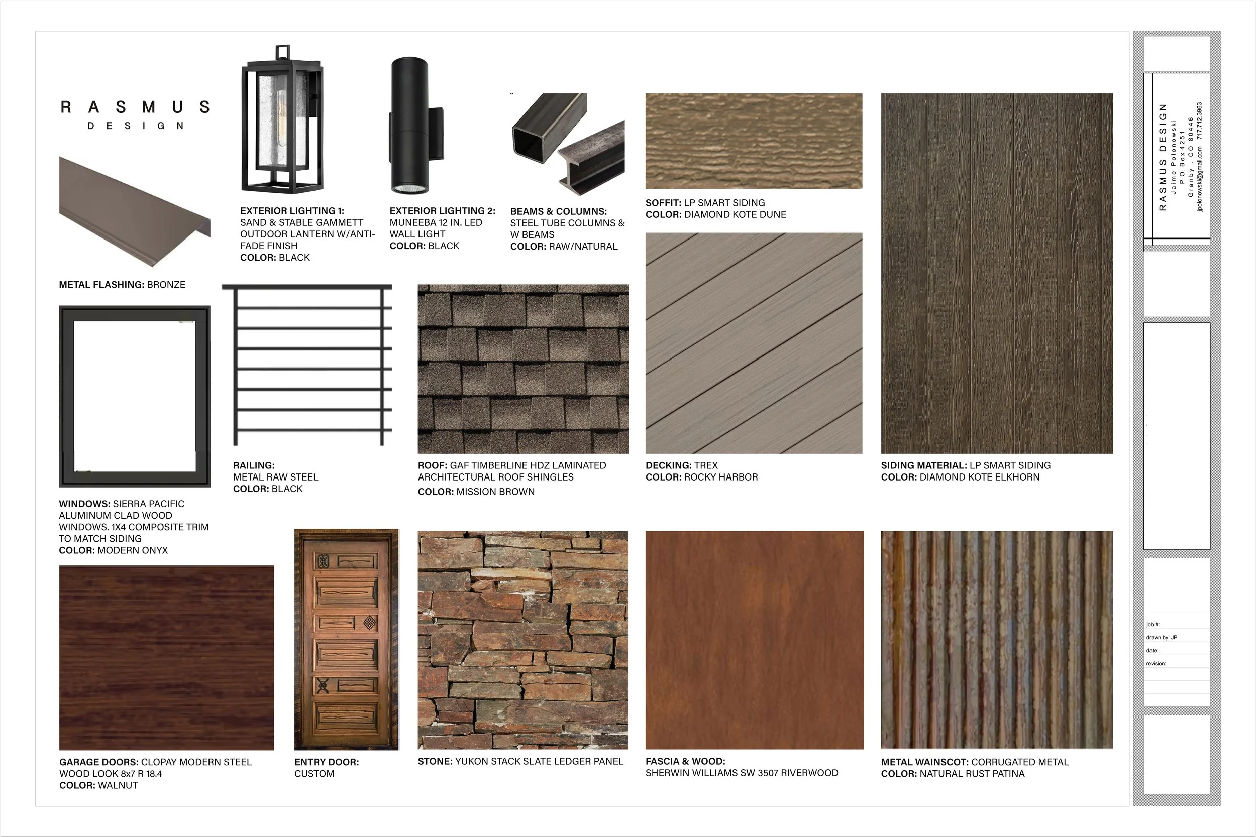A collection of building material samples, including lighting fixtures, metal flashing, windows, railing, roofing, decking, siding, door, stone, wood, and metal materials with descriptions and color options.