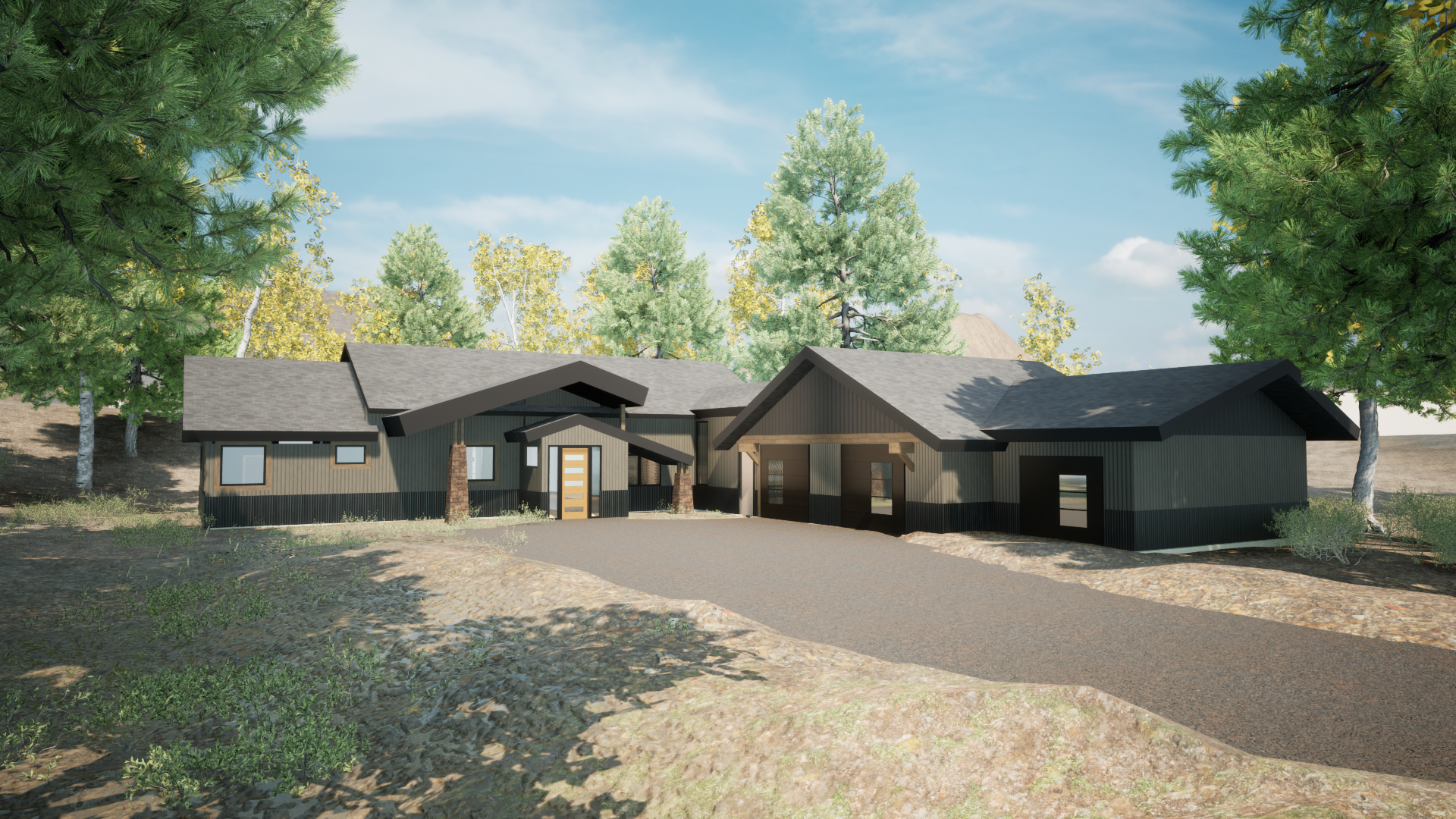 Modern single-story house with gray exterior and gabled roof, surrounded by trees and a clear sky.