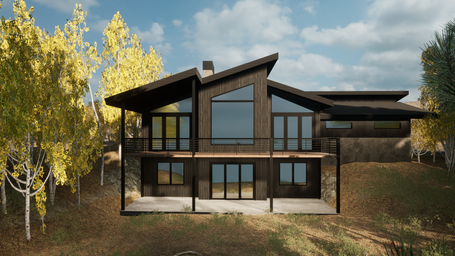 Modern two-story wooden house with large glass windows and a balcony, surrounded by yellow-leaved trees, under a blue sky with clouds.
