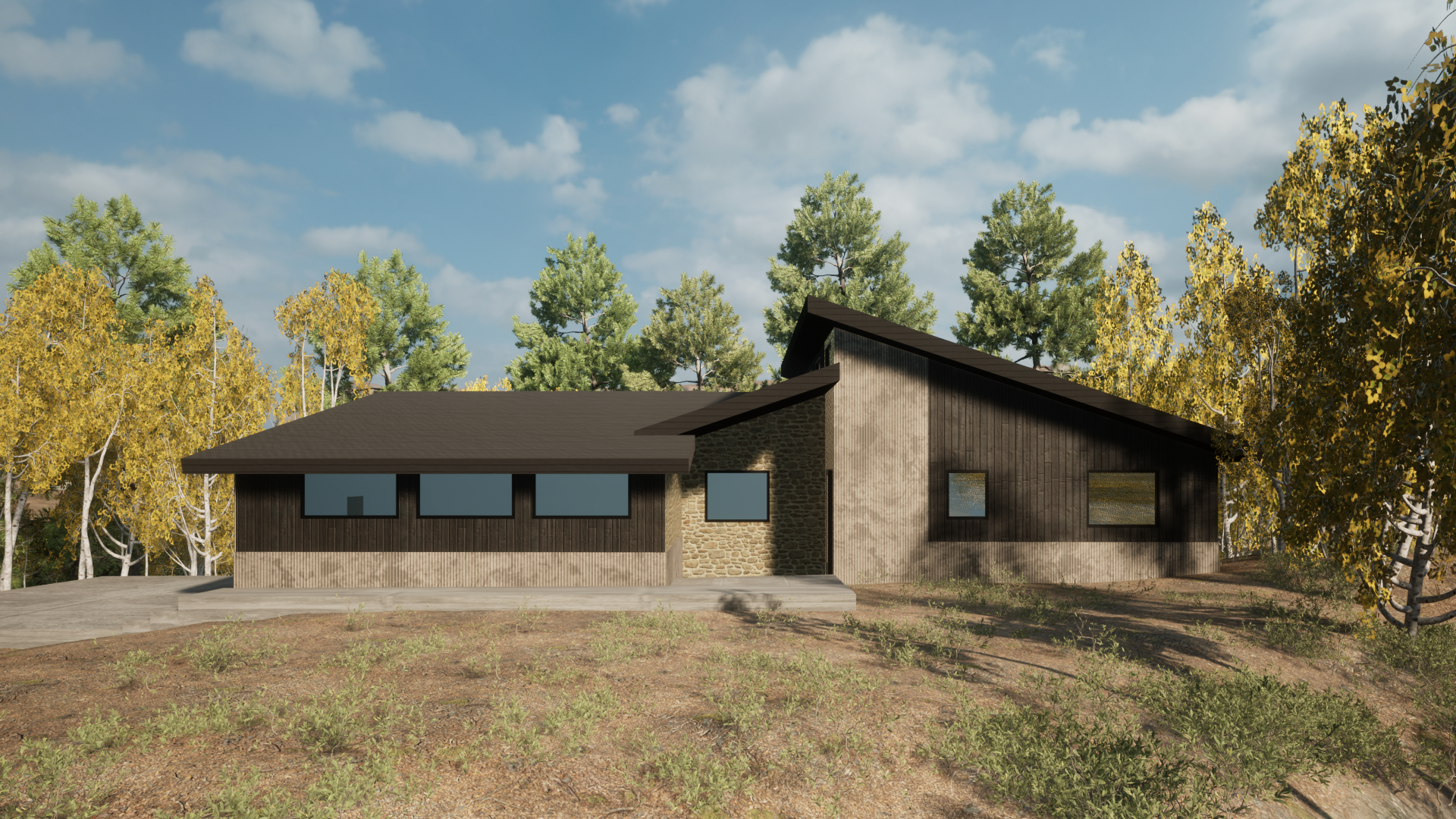 Modern house with dark wood and stone exterior surrounded by forest and trees under a blue sky.