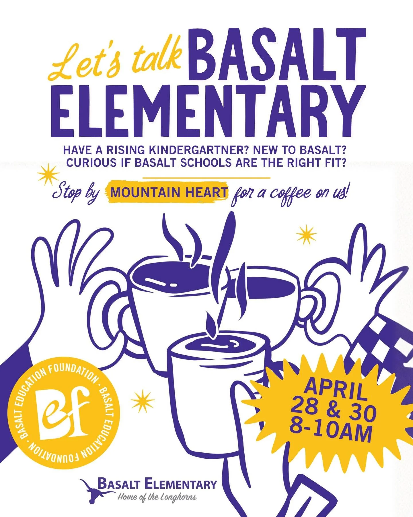 Thinking about Basalt Elementary for your kindergartner? New to the area? Come meet the BES team and hear from current families over a cup of coffee, on us. Get your questions answered: curriculum, culture, kindergarten readiness, logistics. Stop by 