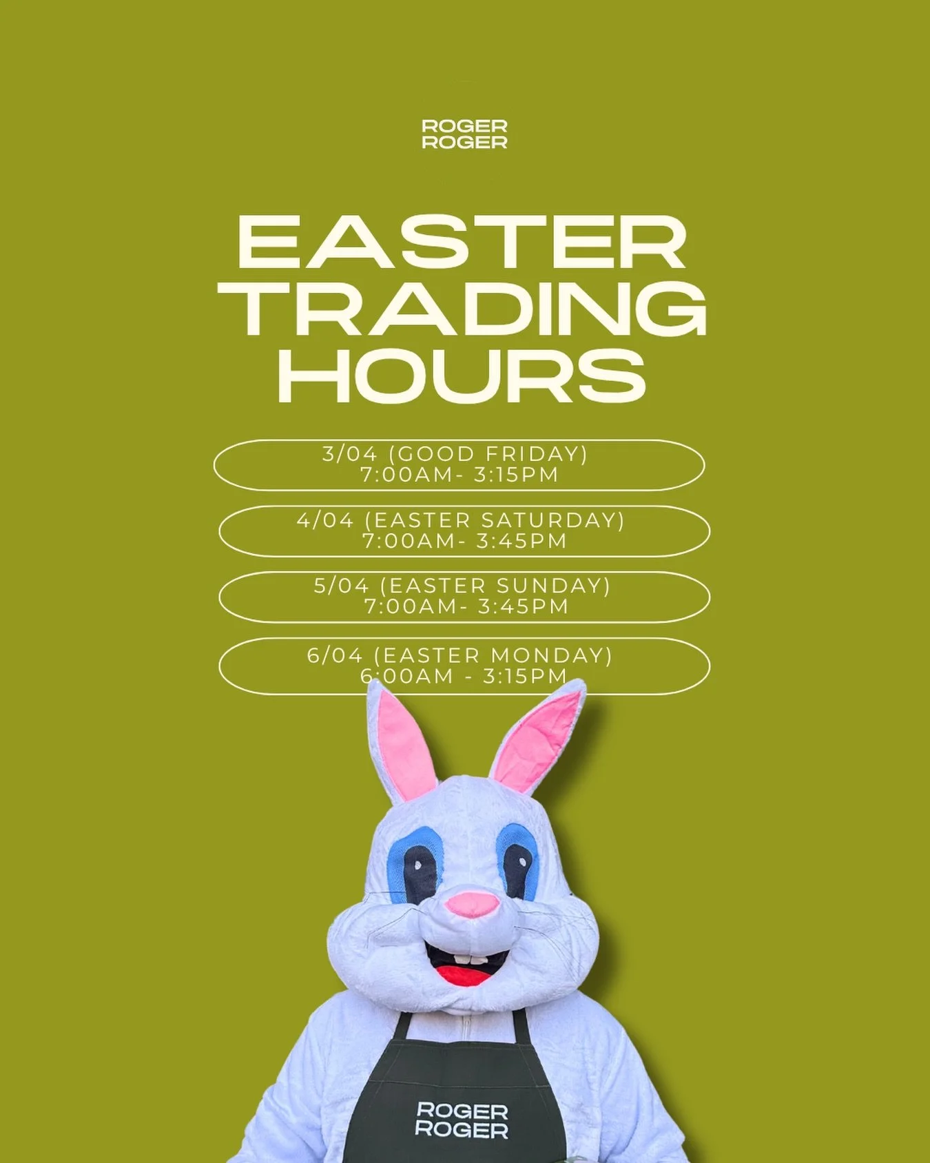 ROGER EASTER LONG WEEKEND 🐣

Pull up, grab your coffee + focaccia, and don&rsquo;t miss us this long weekend 🤝
