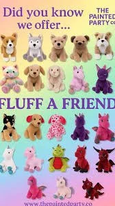 A collection of various plush stuffed animals resembling dogs, cats, pigs, and rabbits, arranged in rows with colorful text promoting friendship and a painted party cup theme.