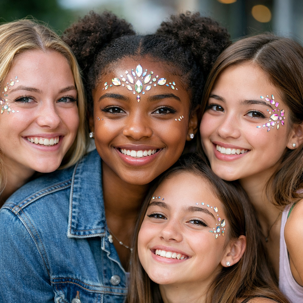 Group of four young women smiling with glitter face decorations in a festive setting.